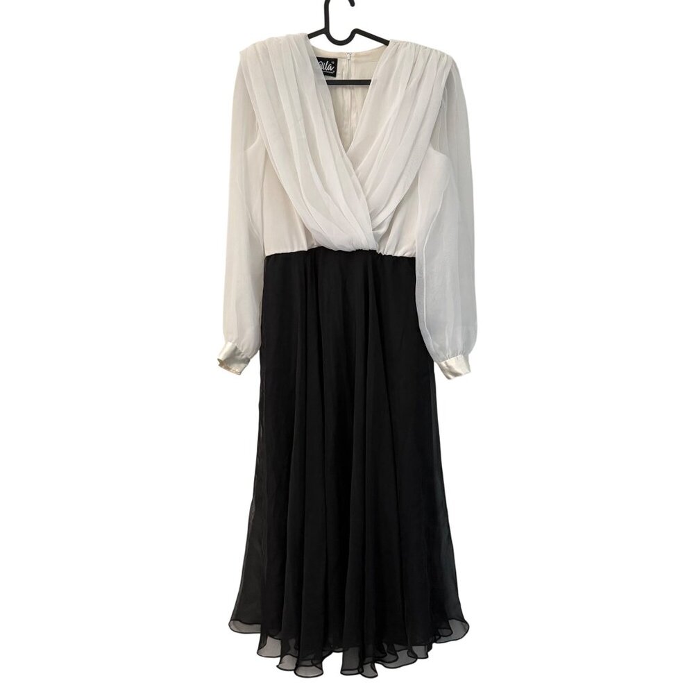 VTG Ursula Switzerland Womens White Black Sheer Chiffon Deep V Dress Size 12